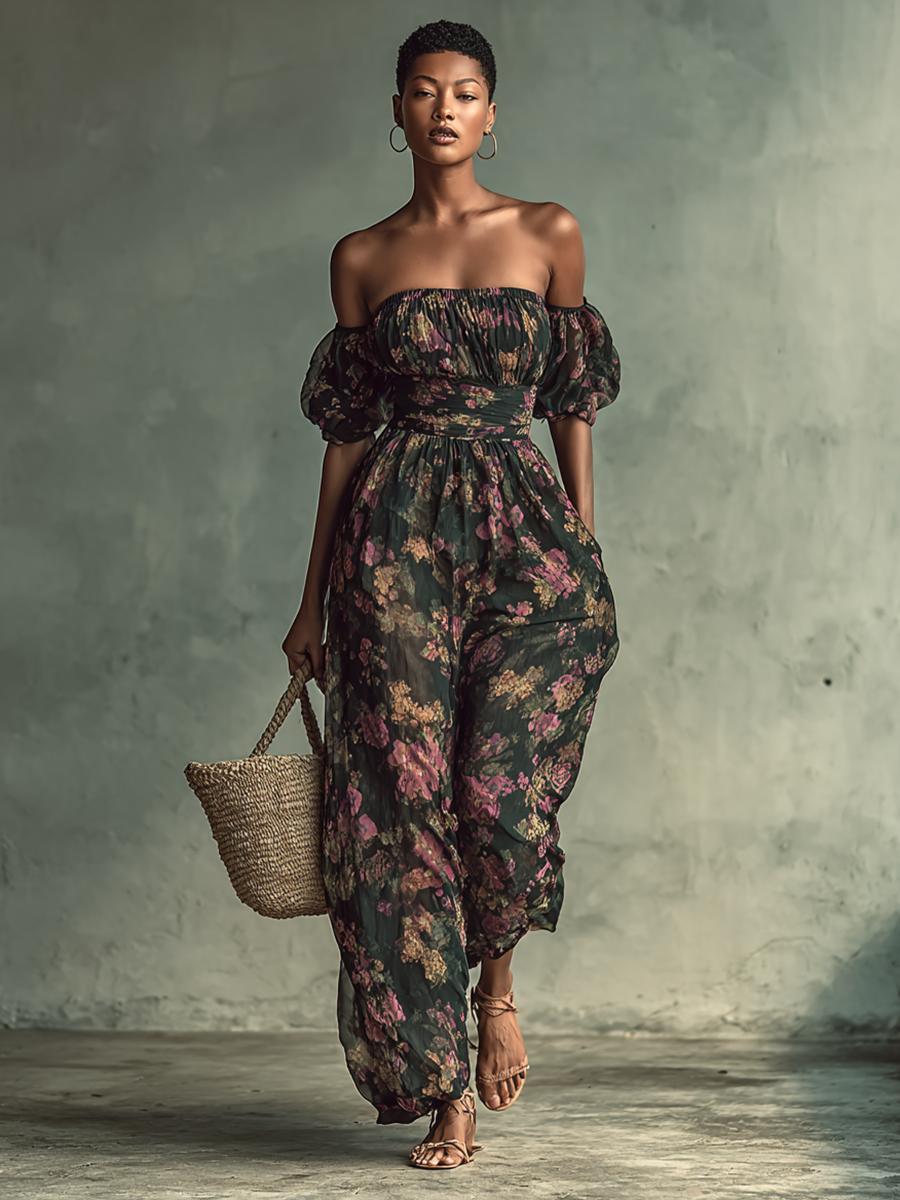 Floral Print Bandeau Short Sleeve Waist Jumpsuit