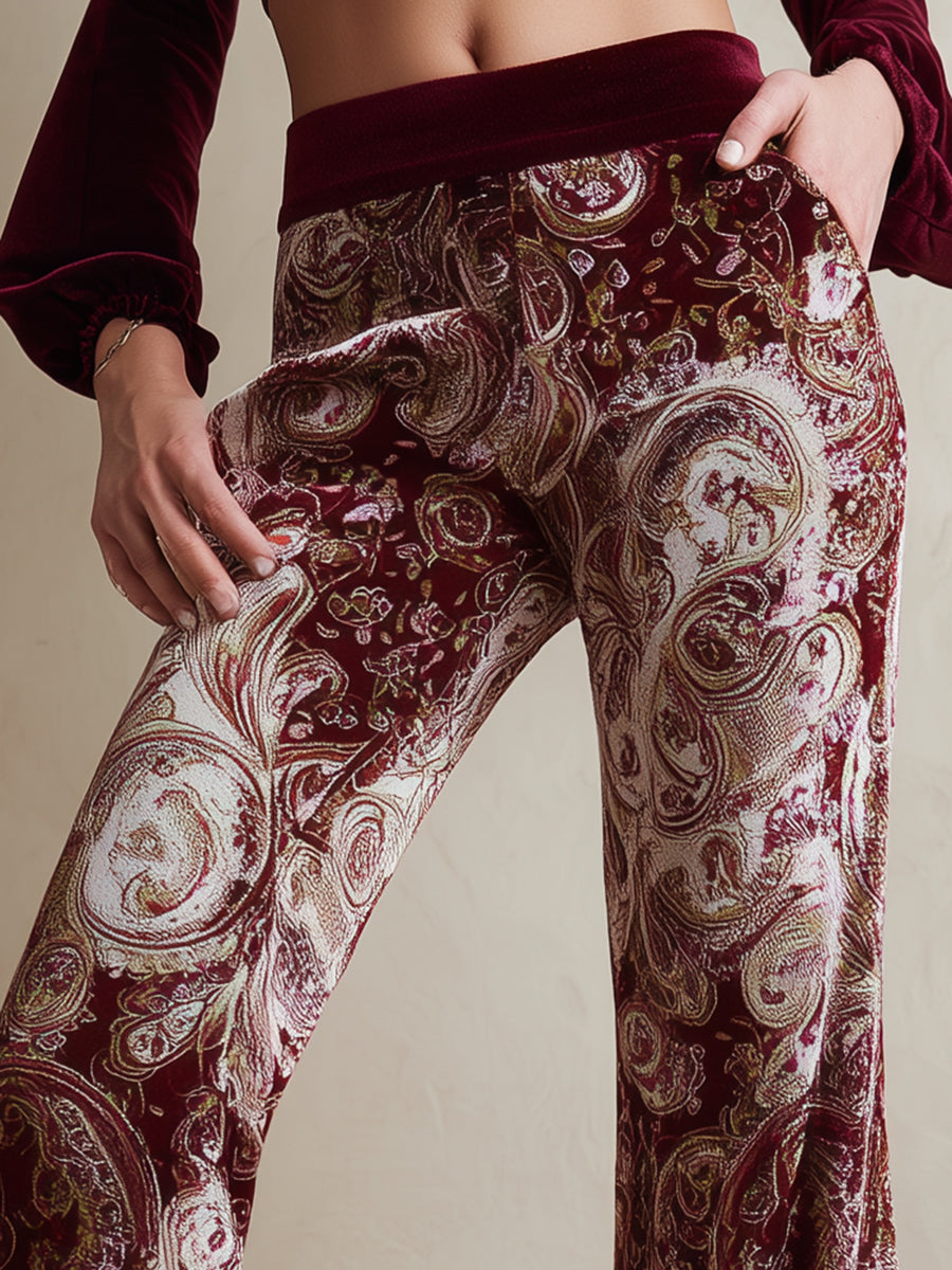 Vintage Paisley Print Burgundy Velvet Pants