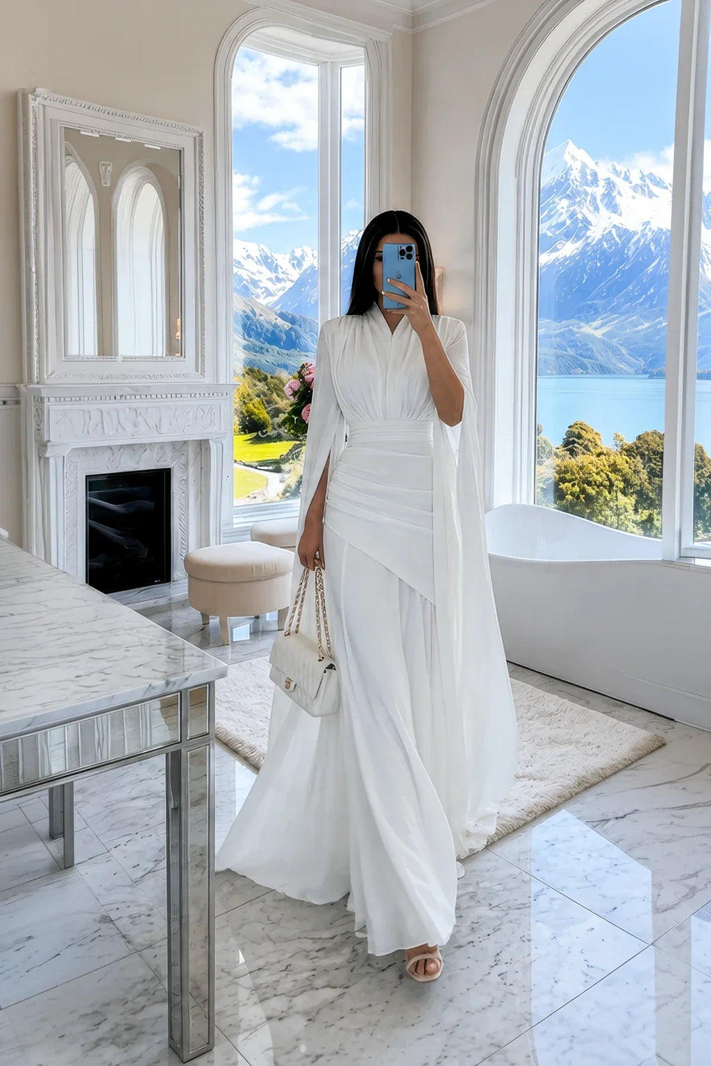 White V-Neck Cape Sleeve Ruched Waist Maxi Dress