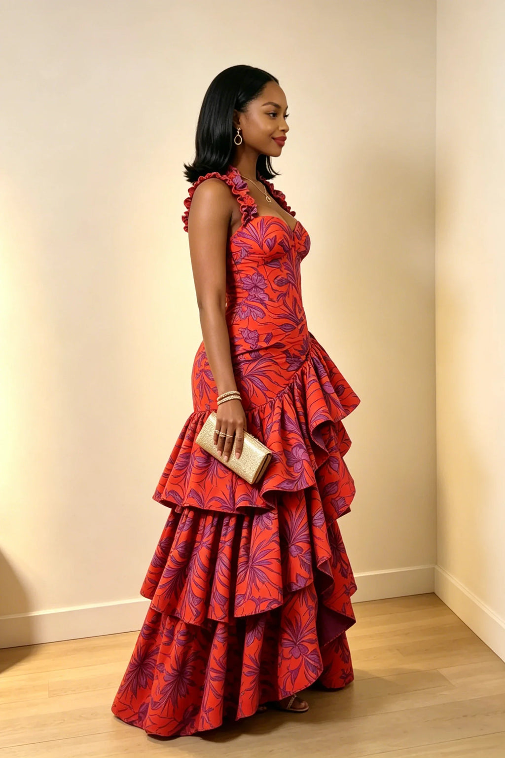 Ruffle Trim Halter Bustier Gathered Maxi Dress