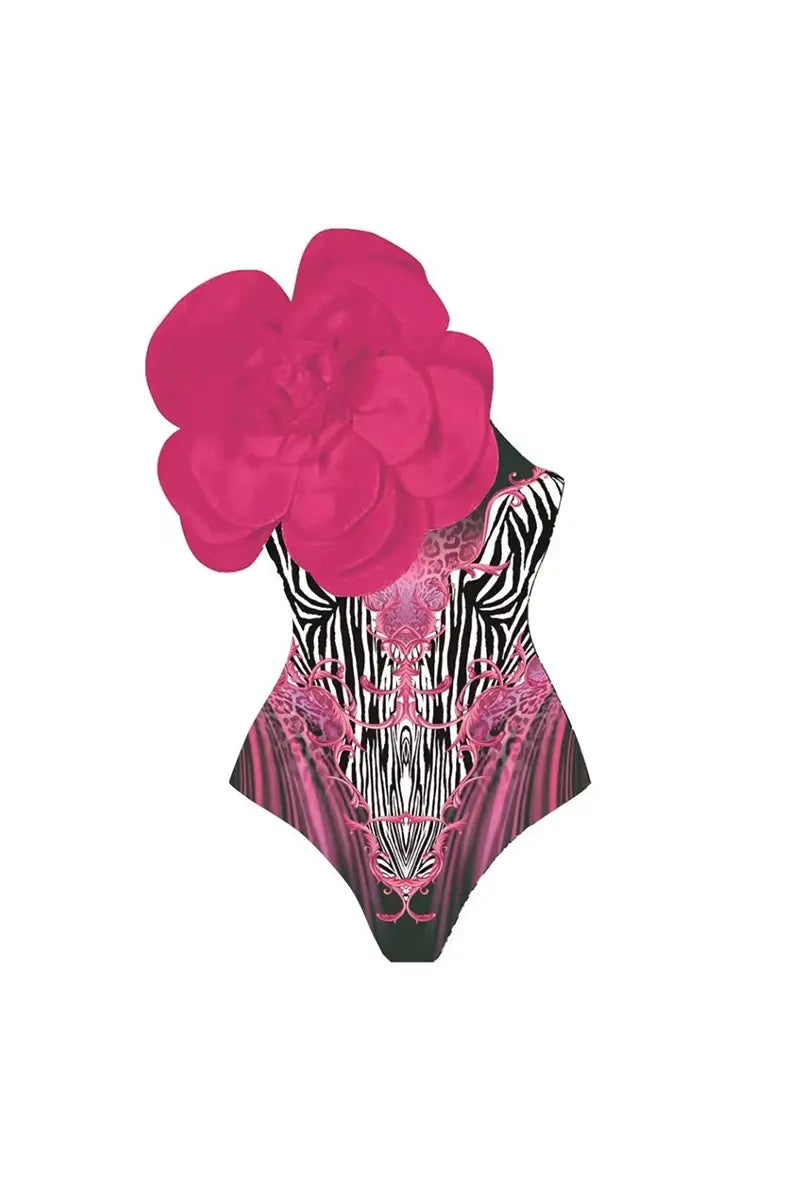 3D Fuchsia Floral Bust Decor Printed Swimsuit