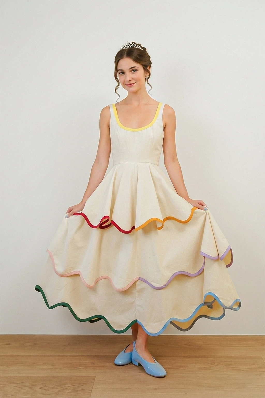 U-Neck Tiered Cake Midi Dress
