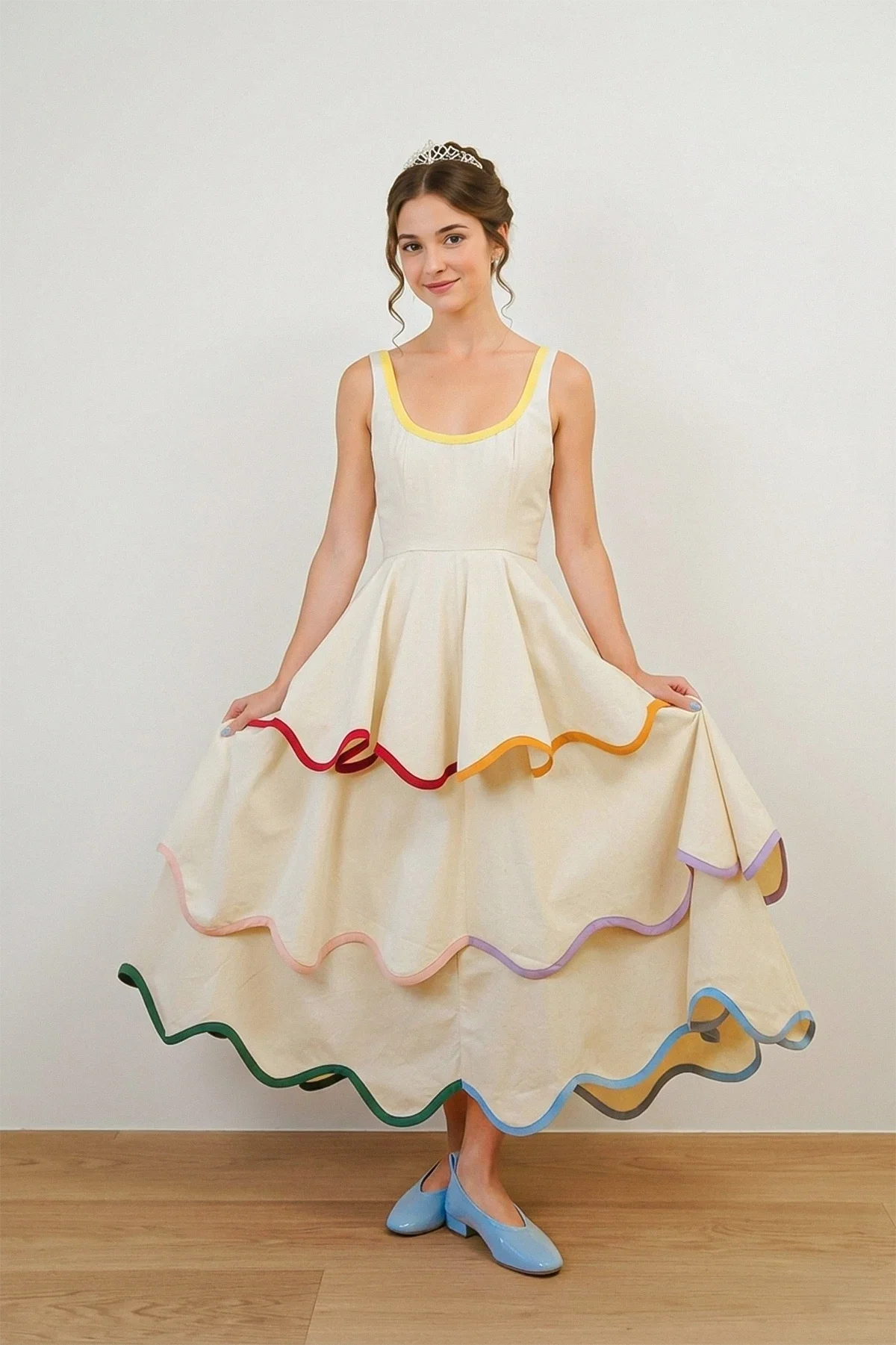 U-Neck Tiered Cake Midi Dress