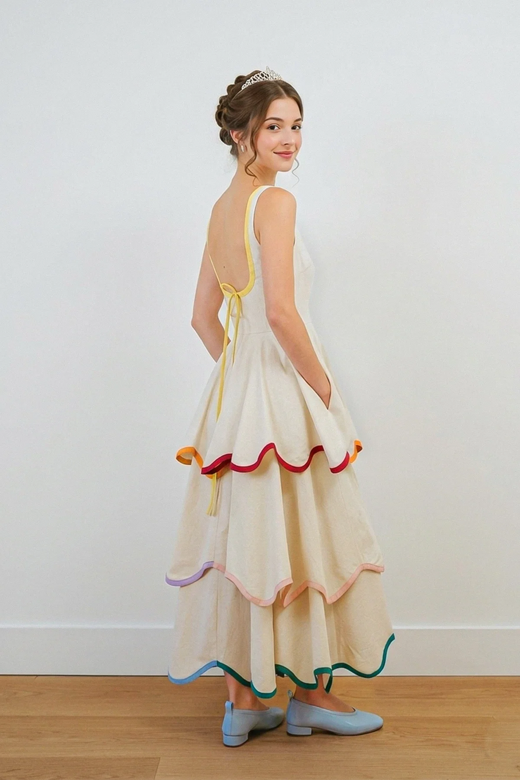 U-Neck Tiered Cake Midi Dress