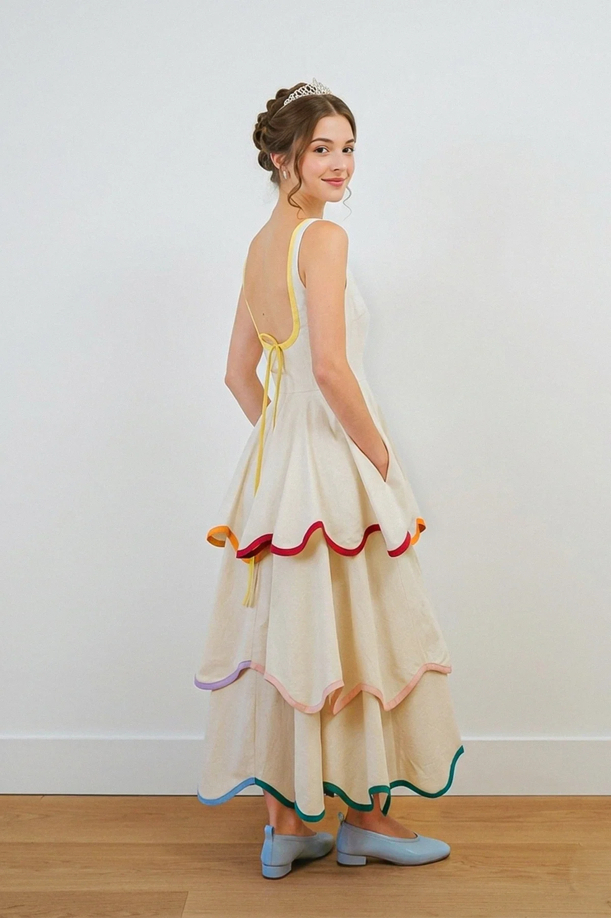 U-Neck Tiered Cake Midi Dress