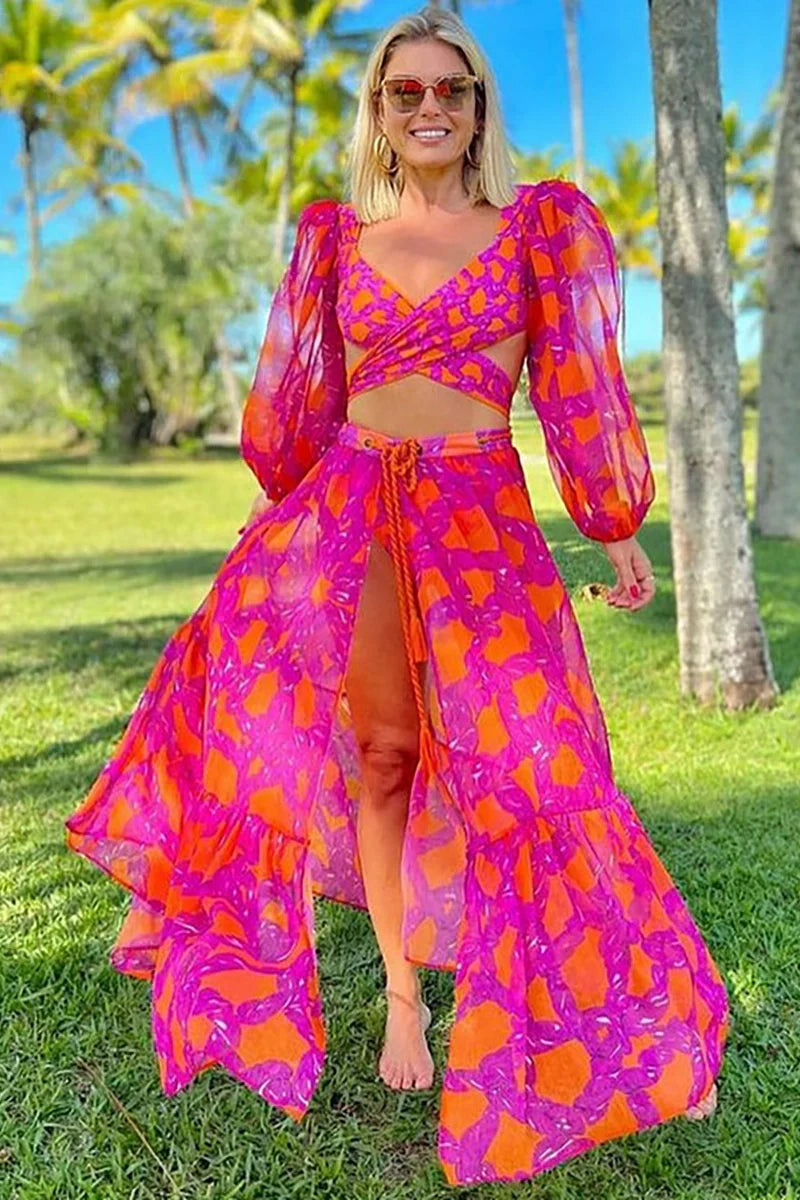 Long-Sleeve Tie-Up Printed Swimsuit Set