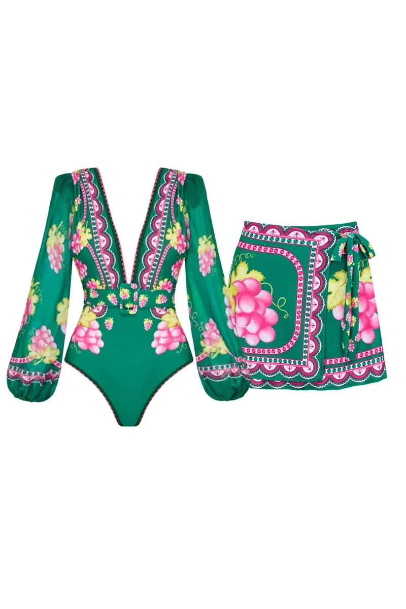 Long Sleeve Short skirt Swimsuit Set