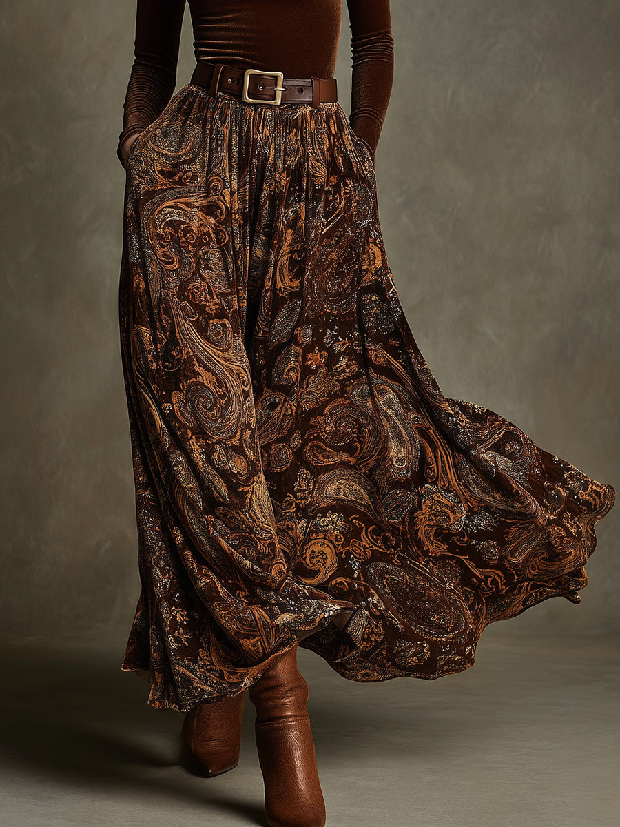 Vintage Velvet Top & Paisley Print Long Skirt Set
