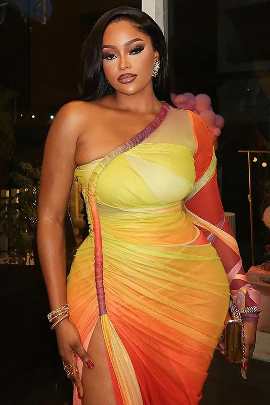 Sunset Ombre Mesh One-Shoulder Ruched Midi Dress