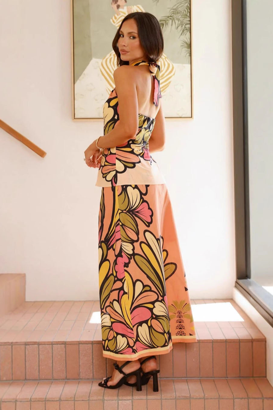 Wild Print Halter Neck Cardigan with Skirt Set