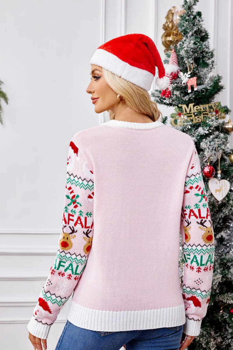Loose-Fit Round Neck Cartoon Knit Sweater - Pink