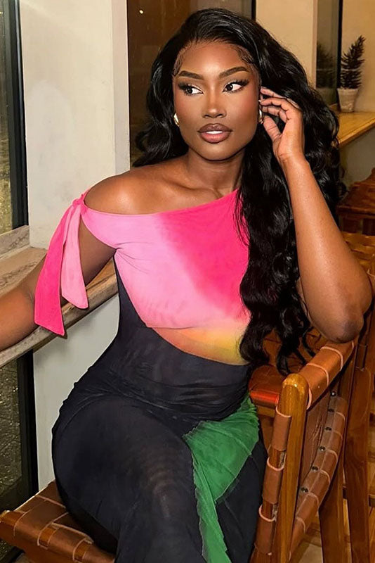 Bold Neon Color-Block Sheer Mesh Bodycon Dress