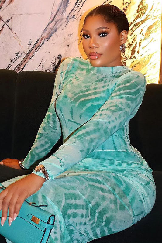 Artistic Teal Tie-Dye Sheer Turtleneck Maxi Dress