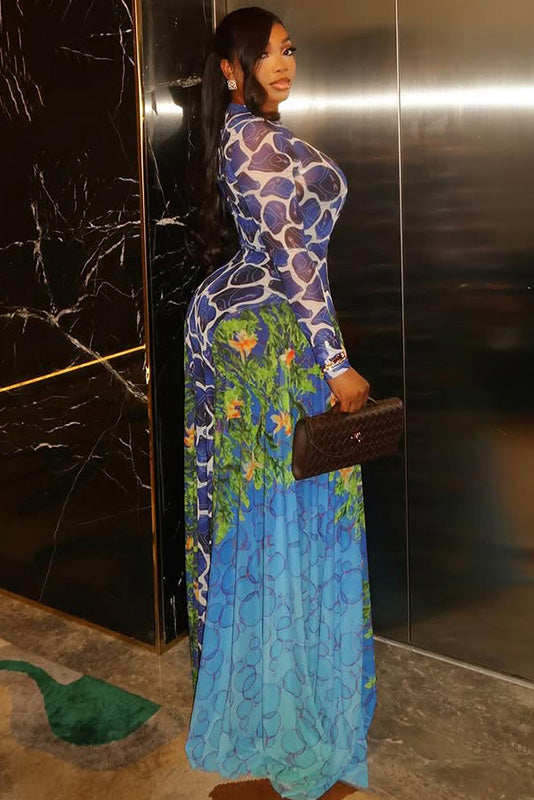 Exotic Blue Print Turtle Neck Maxi Dress