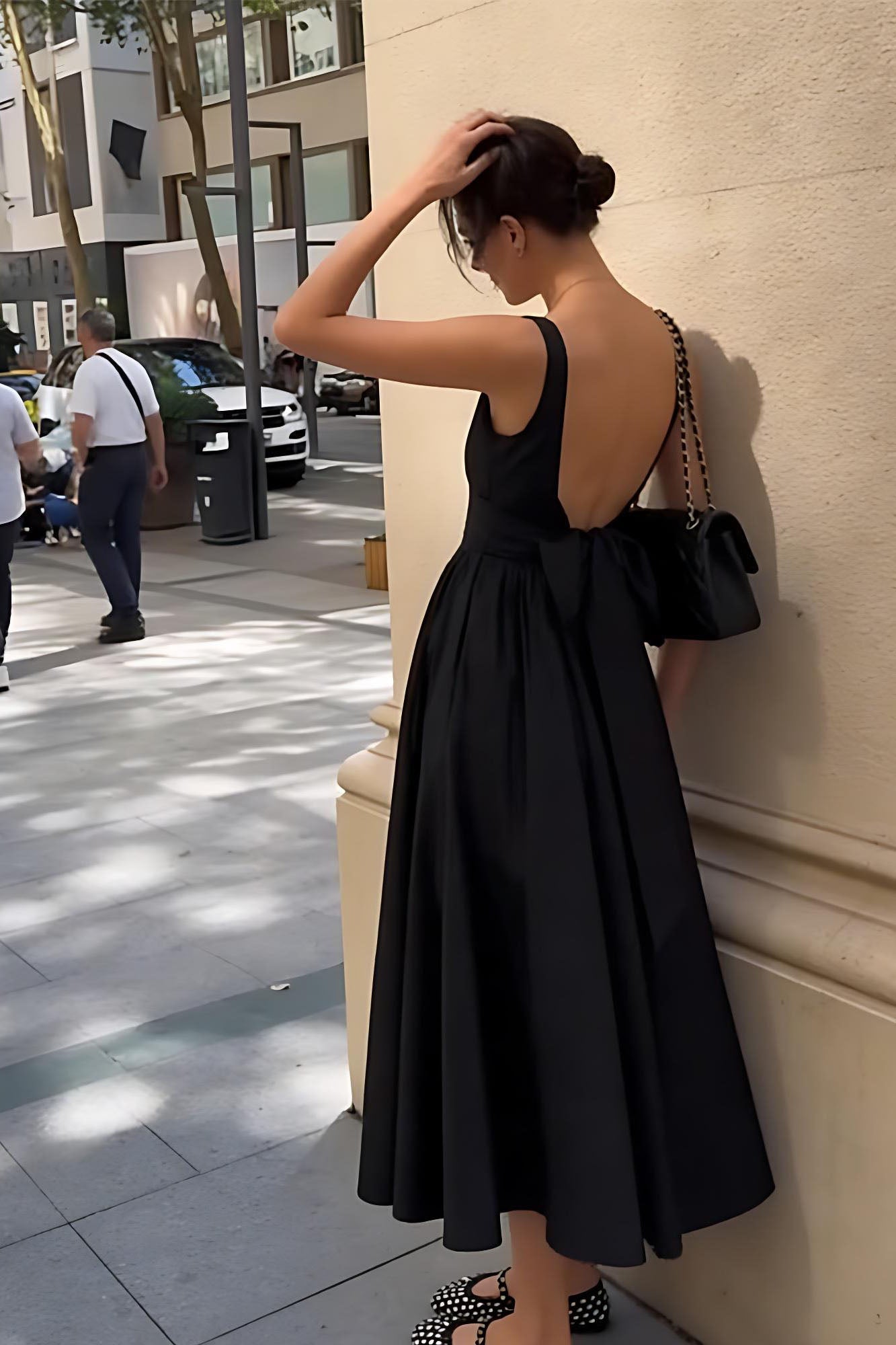 Black Square Neck Back Bow Midi Dress