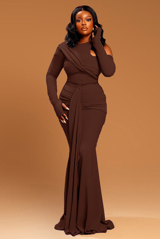Elegant Solid Brown Maxi Dress