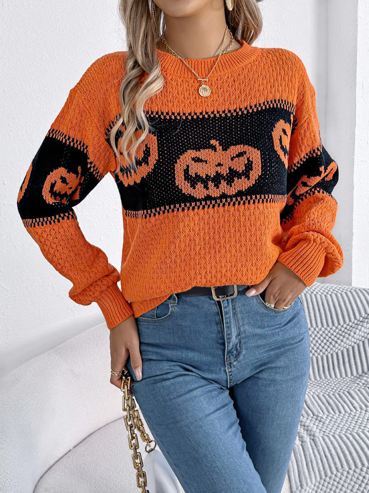 Halloween Pumpkin Head Crew Neck Knit Sweater