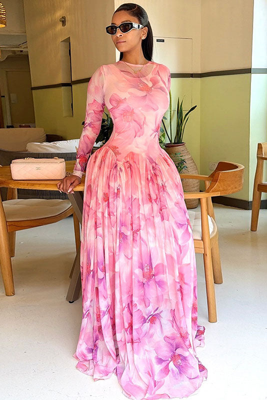 Dreamy Pink Floral Flowy Maxi Dress