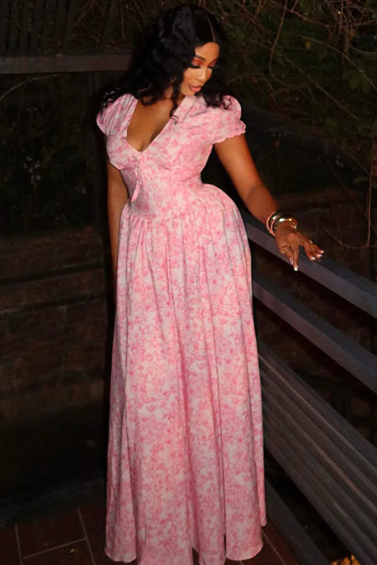 Vintage Floral Print Puff Sleeve Gown