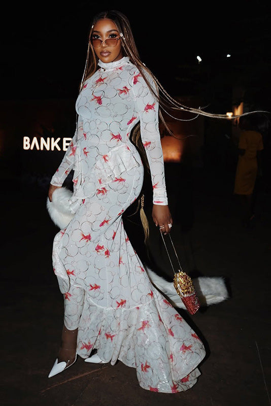 Koi Fish Print High-Neck Maxi Dress