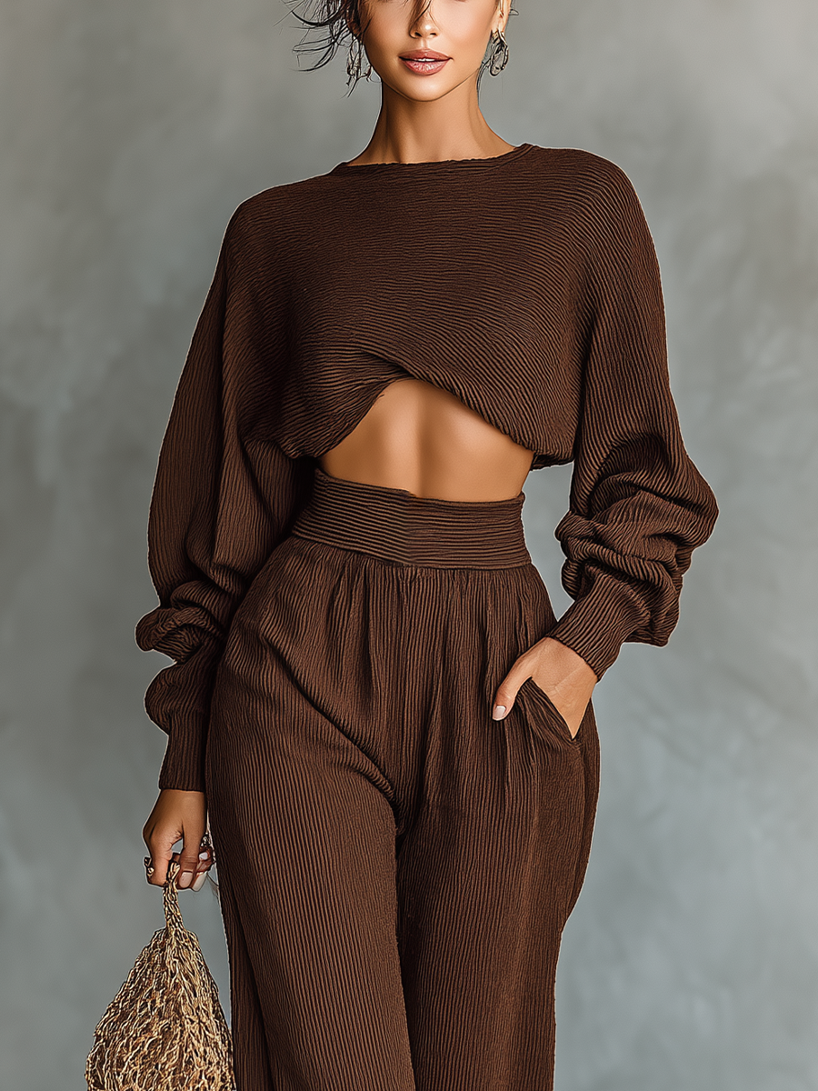 Coffee-colored Top And Wide-leg Pants Knitted Set