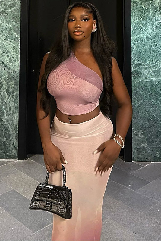 Gradient One-Shoulder Sheer Skirt Set