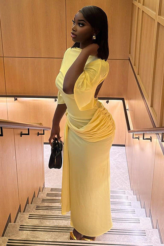 Backless Ruched Slit Maxi Dress