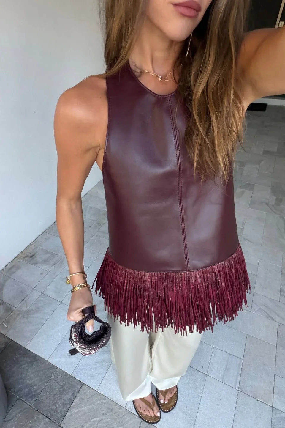 Burgundy Leather Halter Fringe Top