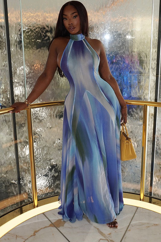 Sky Blue Gradient Halter Backless Maxi Dress