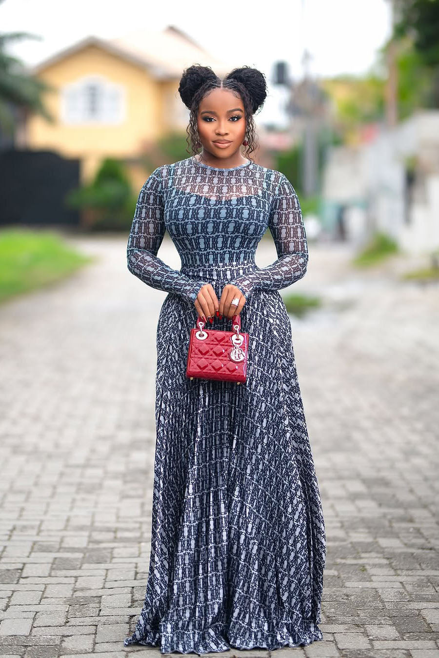 Gradient Chain-Pattern Sheer Mesh Maxi Dress