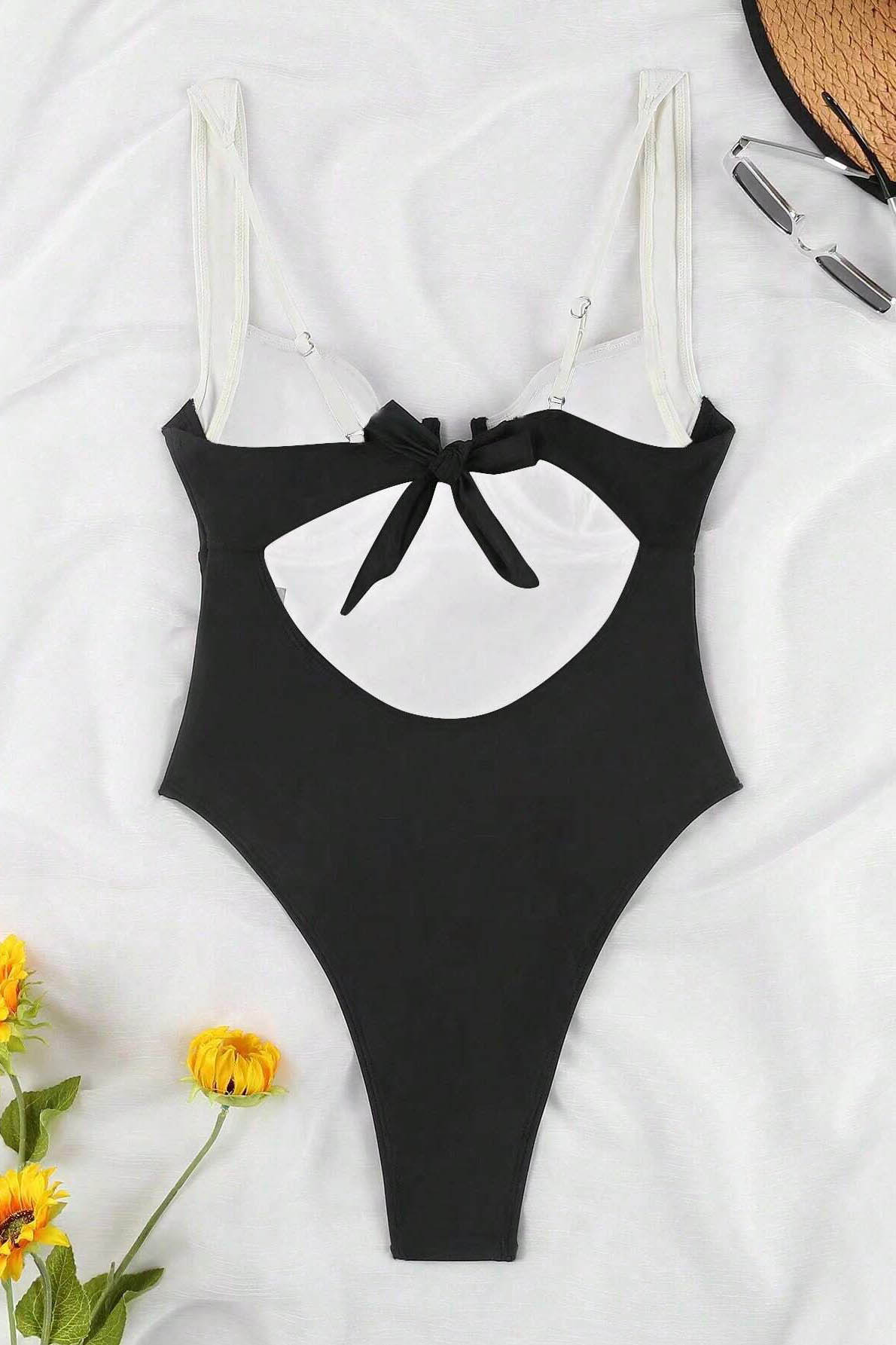Black White Patchwork U-Neck One-Piece Swimsuit