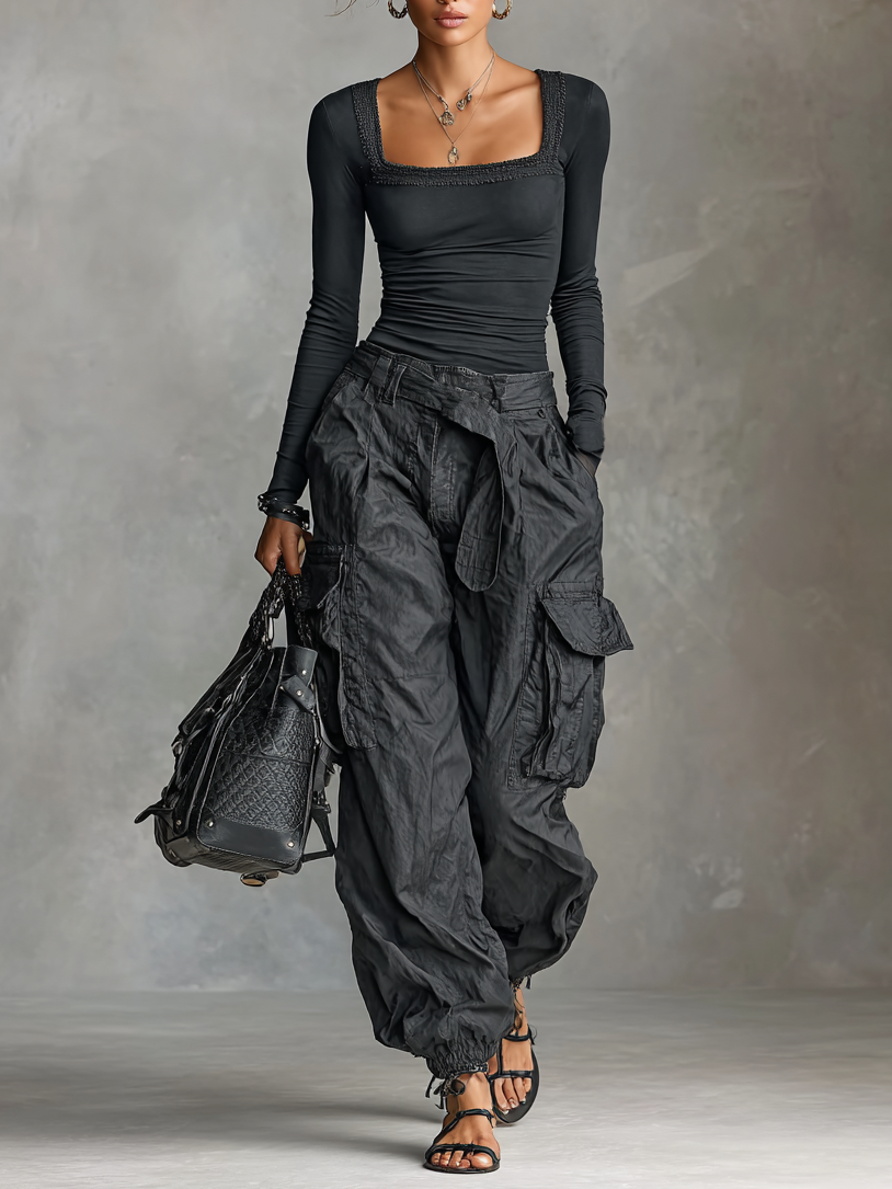 Square Neck Long Sleeve T-Shirt Two-Piece Set