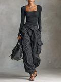Square Neck Long Sleeve T-Shirt Two-Piece Set