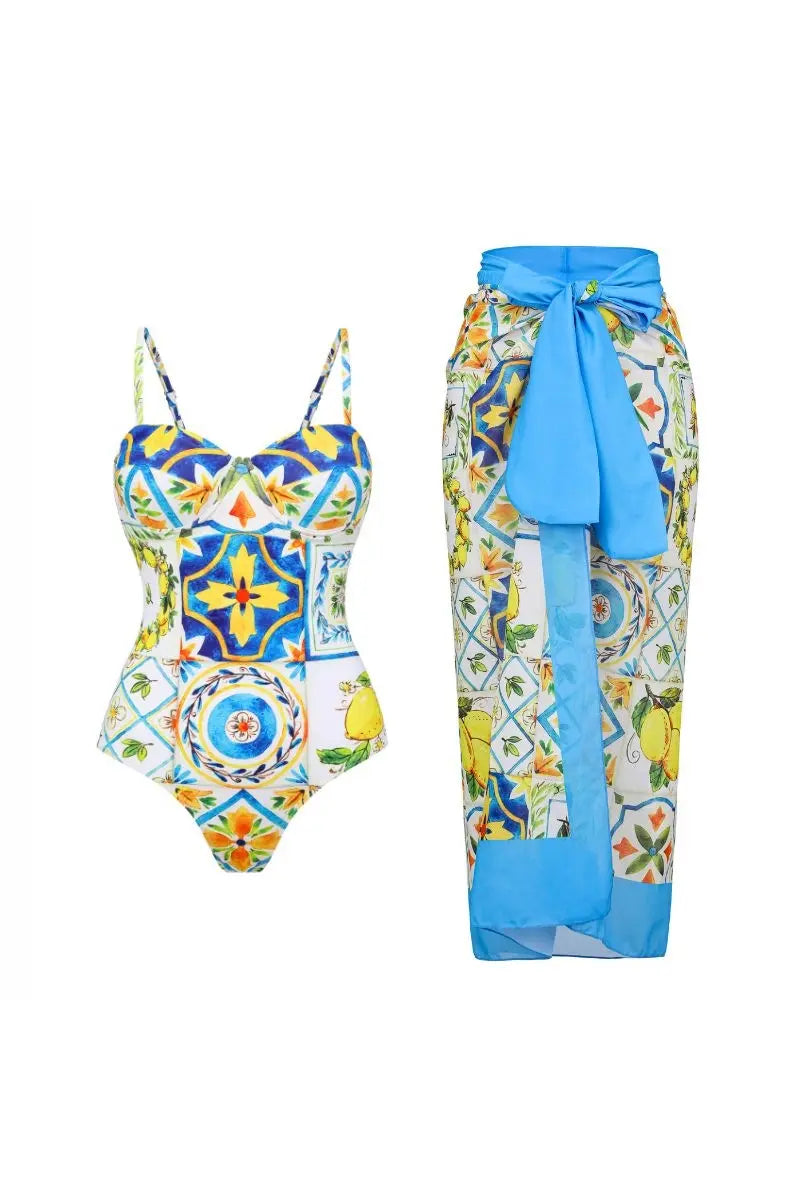 Lemon Print Backless One Piece Swimsuit Set