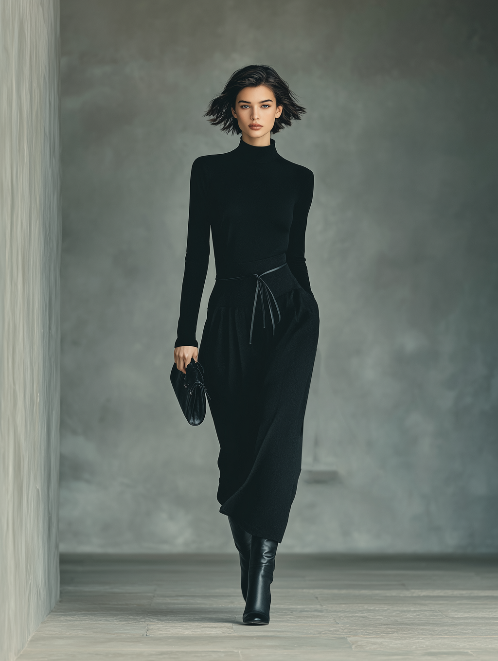 Black High-Stretch Knit Top Skirt Set