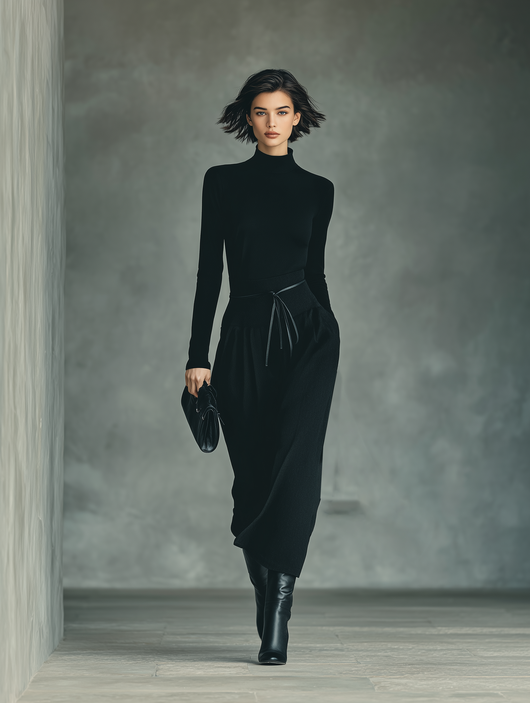 Black High-Stretch Knit Top Skirt Set