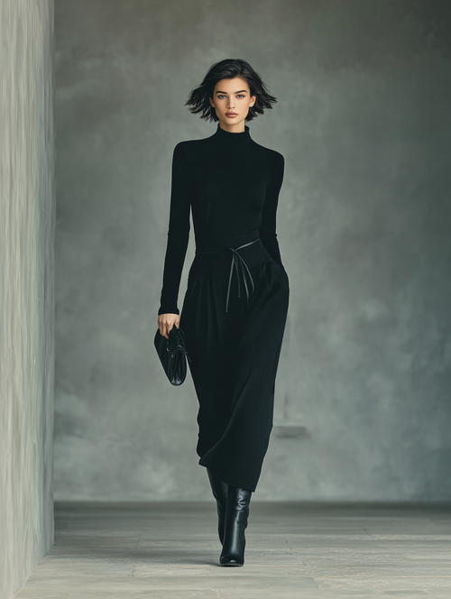 Black High-Stretch Knit Top Skirt Set
