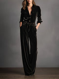 Black Velvet Lace-up Gold Button Jumpsuit