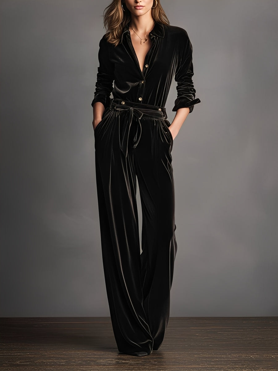 Black Velvet Lace-up Gold Button Jumpsuit