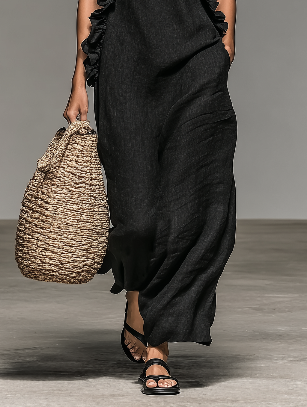 Linen Sleeveless Ruffle Maxi Dress