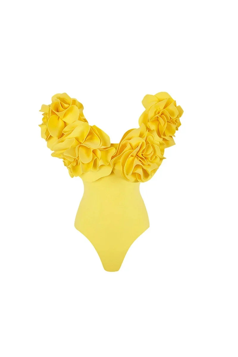3D Floral Strapless Solid One-Piece Swimsuit