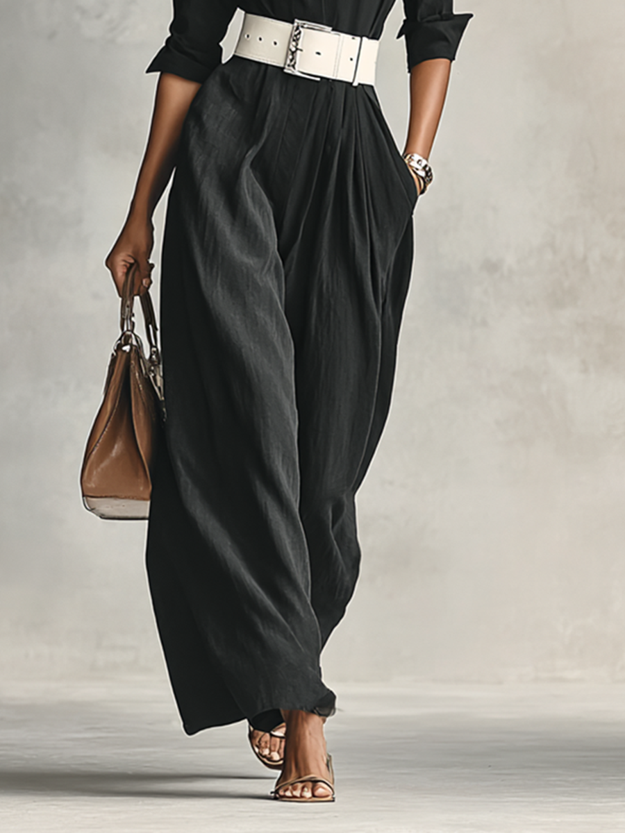Lapel Single Breasted Long Sleeve Belted Jumpsuit