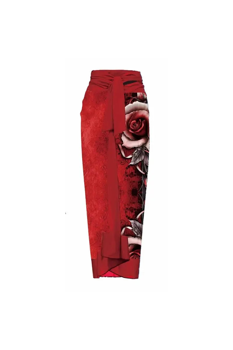 3D Red Floral Bust Accent Printed Swimsuit