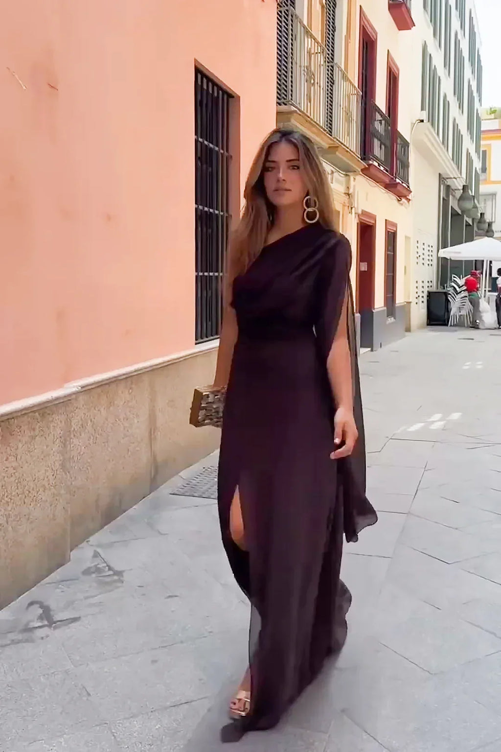 Dark Brown One-Shoulder Cape Sleeve Maxi Dress