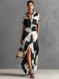 Cotton-Linen Geometric Print Maxi Shirt Dress