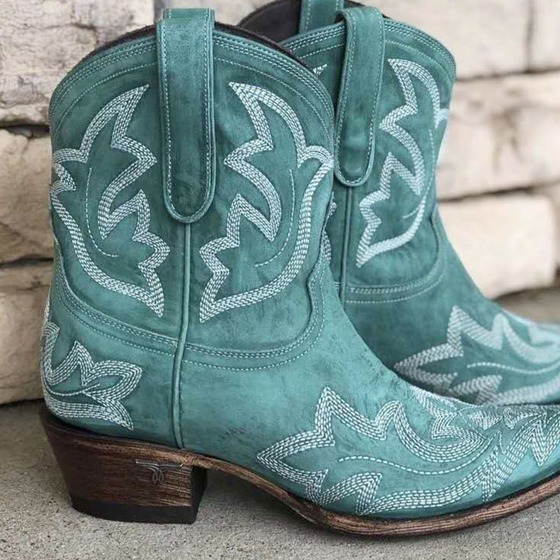 Vintage Embroidered Block Heel Short Boots