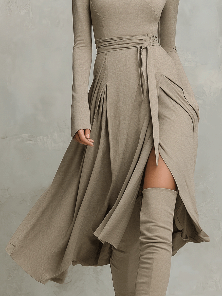 Figure-flattering Long Sleeves Knit Midi Dress