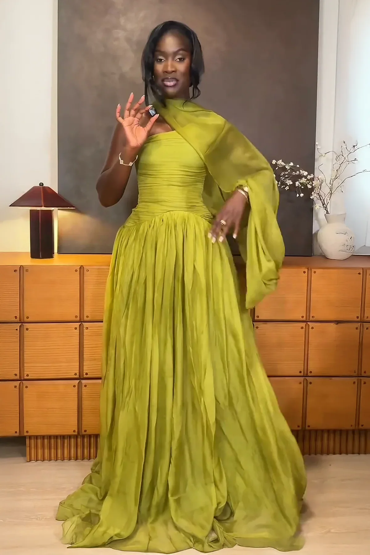 One-Shoulder Draped Pleated Maxi Dress