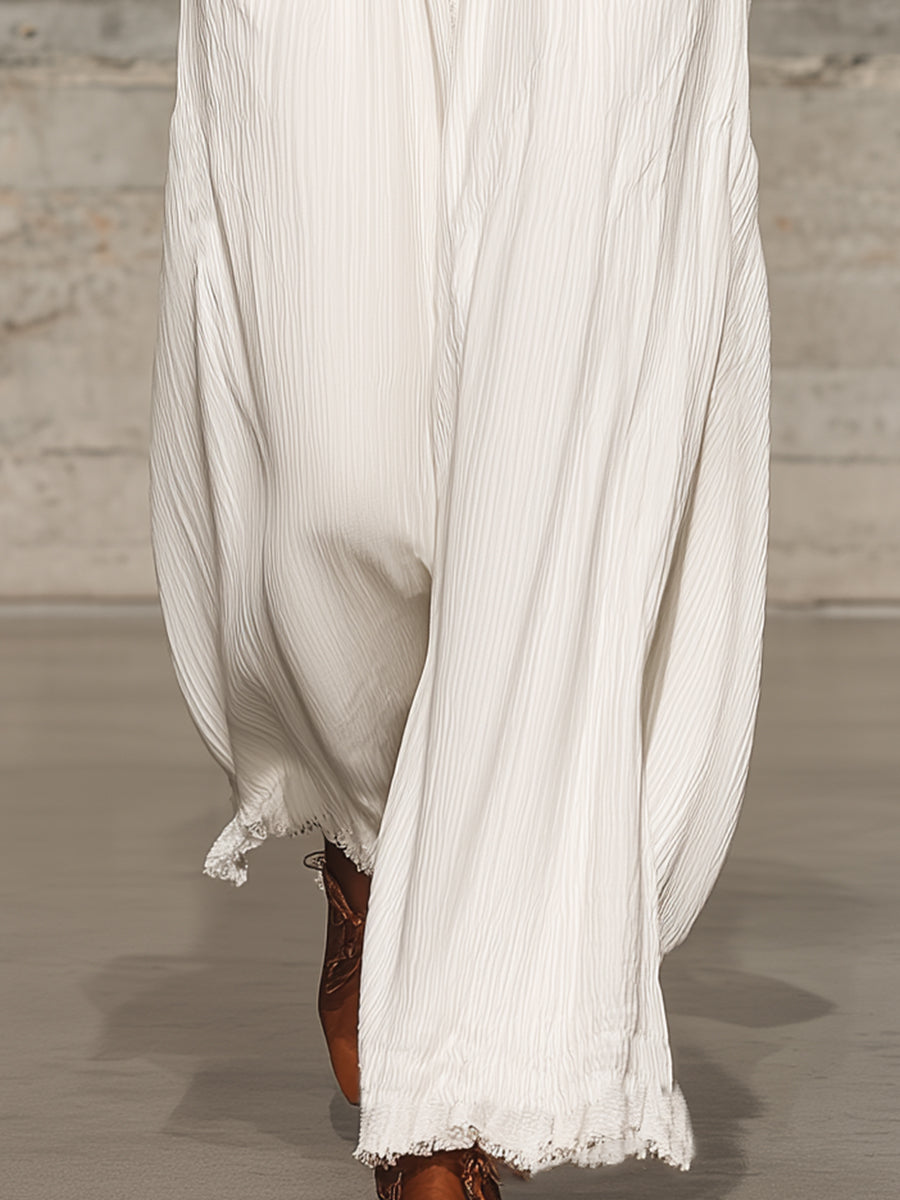 Retro Casual White Elastic Waist Wide-leg Pants