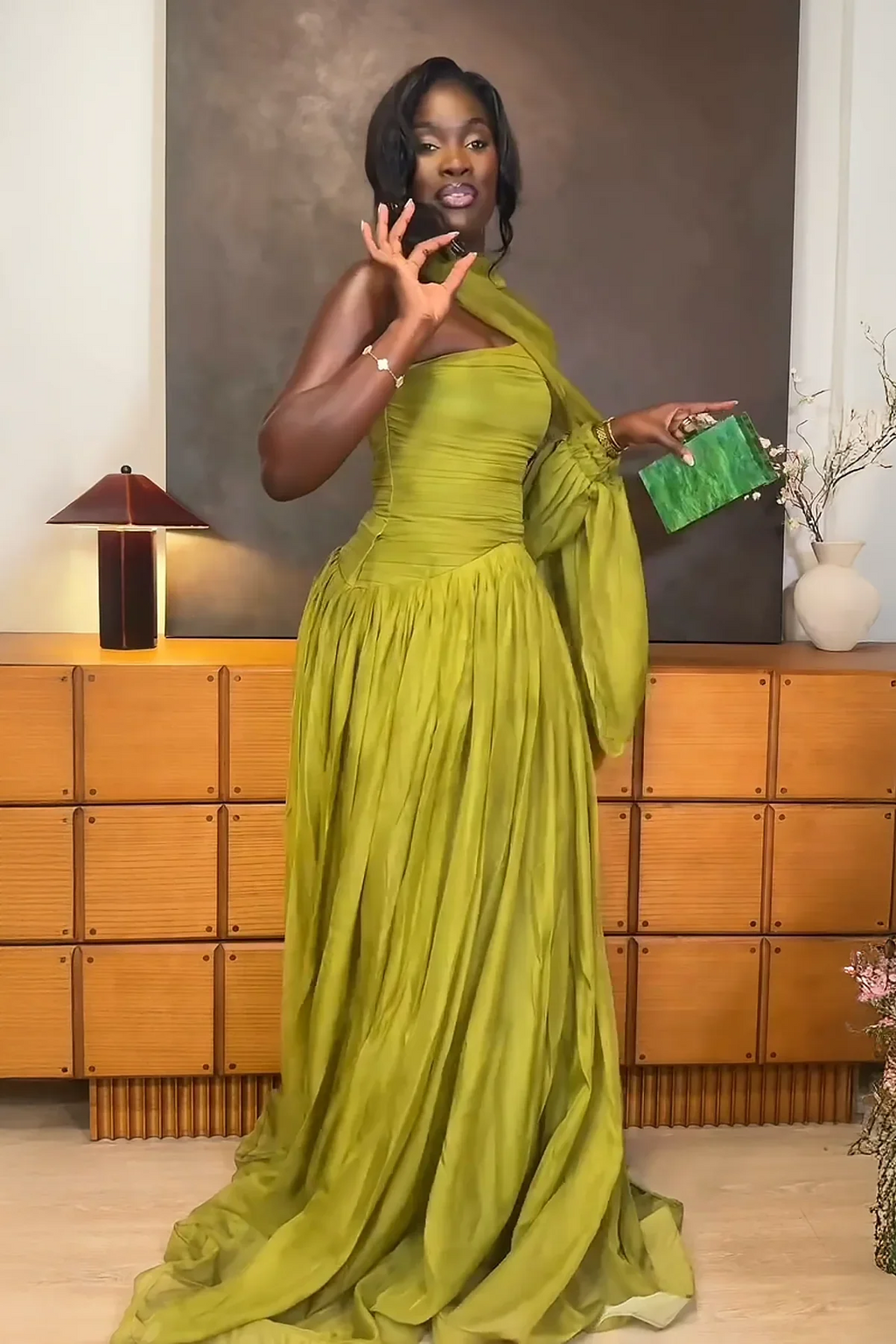 One-Shoulder Draped Pleated Maxi Dress